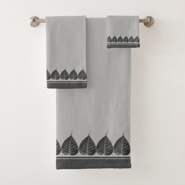 Elegant Bodhi Leaves on Light Silver Gray Bath Towel Set (Insitu)