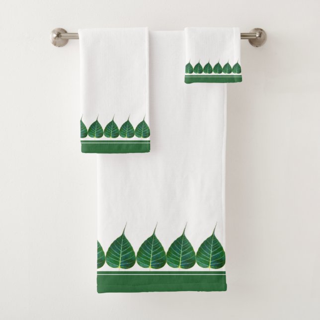 Elegant Bodhi Leaves on White Bath Towel Set (Insitu)
