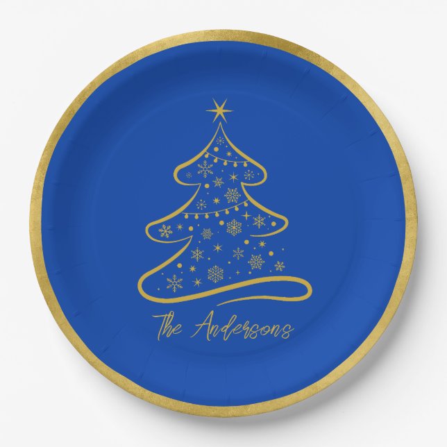 Elegant Boeing Blue Gold Christmas Tree Paper Plates (Front)