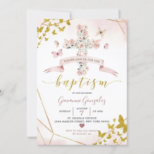 Elegant Bohemian Blush and Gold Butterfly Baptism Invitation