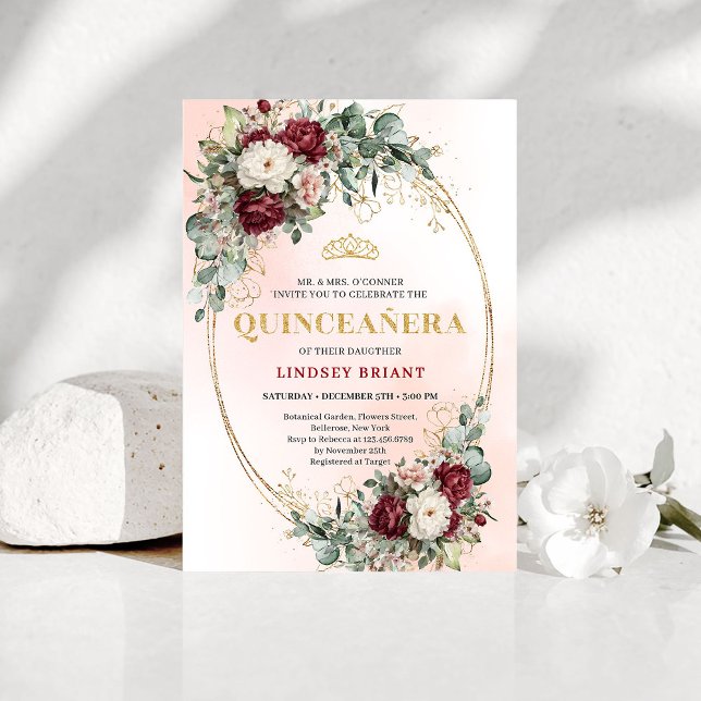 Elegant Bohemian Burgundy Floral Gold Quinceañera Invitation (Elegant Bohemian Burgundy Floral Quinceañera Invite)