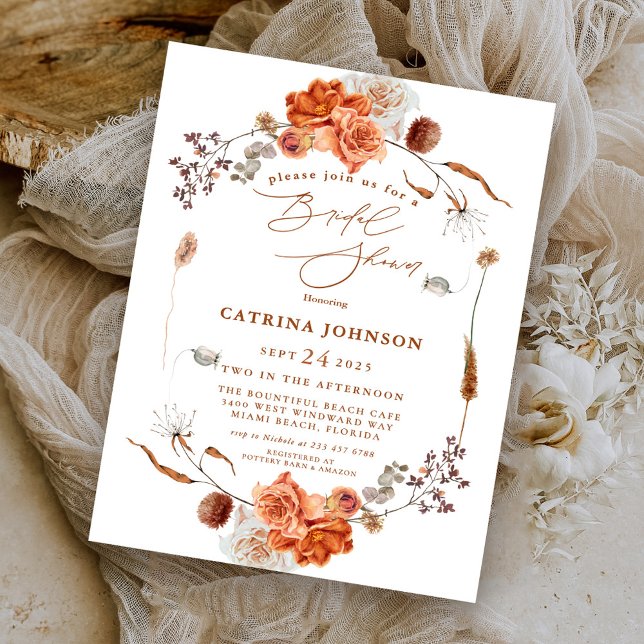 Elegant Bohemian Burnt Orange Floral Bridal Shower Invitation (Creator Uploaded)