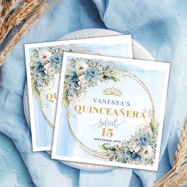Elegant Bohemian Dusty Blue Floral Gold Glitter  Napkins (Boho Dusty Blue Floral Eucalyptus Gold Glitter Quinceañera)