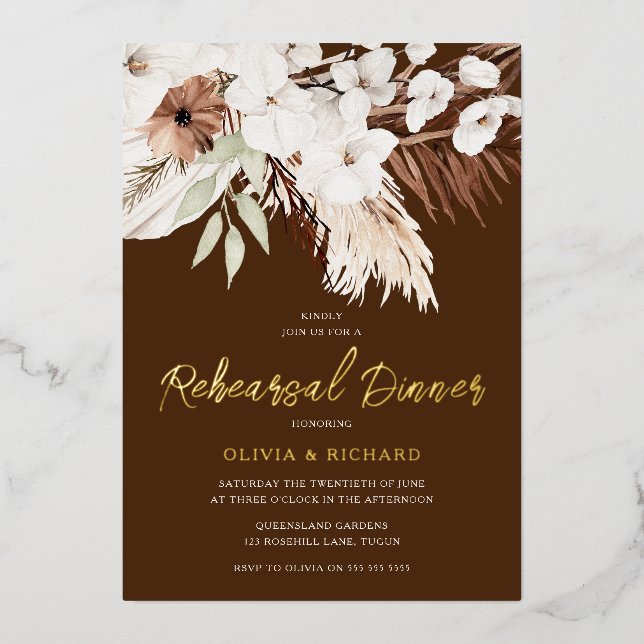 Elegant Bohemian Floral Gold Rehearsal Dinner Foil Invitation (Front)