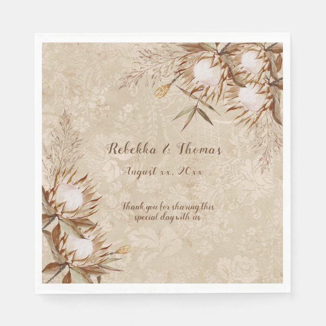 Elegant Bohemian Floral King Protea Grasses Napkins (Front)