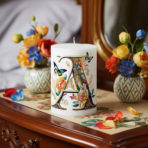 Elegant bohemian floral letter A Pillar Candle