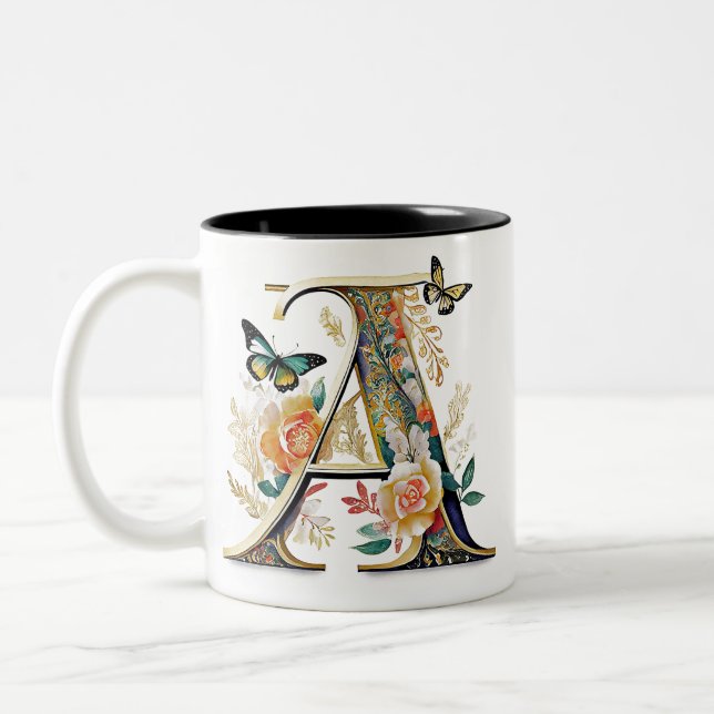 Elegant bohemian floral letter A Two-Tone Coffee Mug (Left)
