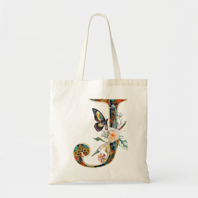 Elegant bohemian floral letter J Tote Bag (Front)
