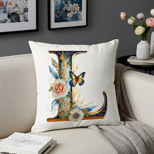 Elegant bohemian floral letter L Throw Pillow