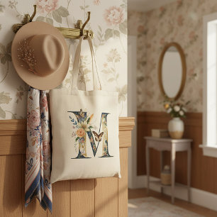 Elegant bohemian floral letter M Tote Bag