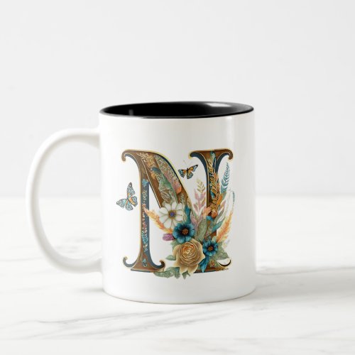 Elegant bohemian floral letter N Two_Tone Coffee Mug