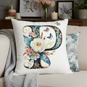 Elegant bohemian floral letter P Throw Pillow