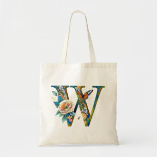 Elegant bohemian floral letter W Tote Bag