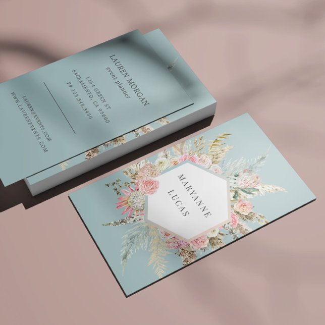 Elegant Bohemian Floral Monogram Blue Business Card (Creator Uploaded)