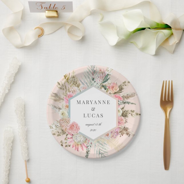 Elegant Bohemian Floral Monogram Paper Plates (Wedding)