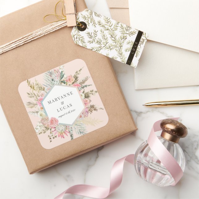 elegant bohemian floral monogram  square sticker (Gifting)