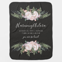 Elegant Bohemian Florals Birth Information | Black Baby Blanket