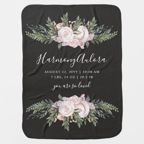 Elegant Bohemian Florals Birth Information  Black Baby Blanket