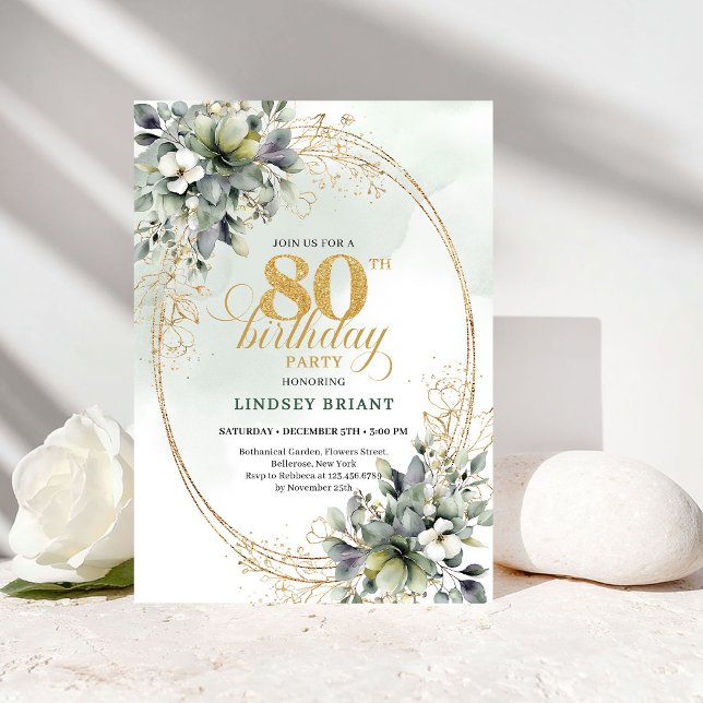 Elegant Bohemian Greenery 80th Birthday Invite (Elegant Bohemian Greenery 80th Birthday Invite)