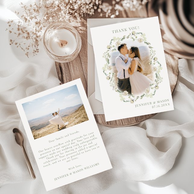 Elegant Bohemian Greenery Floral Wedding Photo Thank You Card (Creator Uploaded)