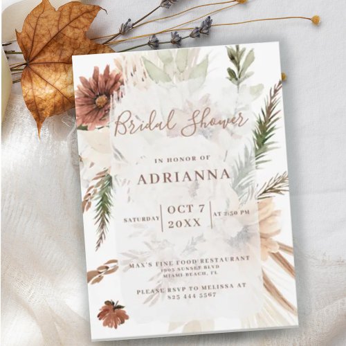 Elegant Bohemian Pampas Wedding Bridal Shower Invitation
