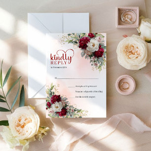 Elegant Bohemian Red and White Floral Gold Wedding RSVP Card