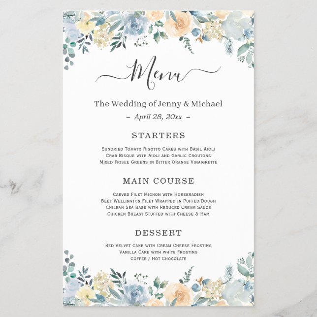 Elegant Bohemian Vanilla Blue Floral Wedding Menu Flyer (Front)