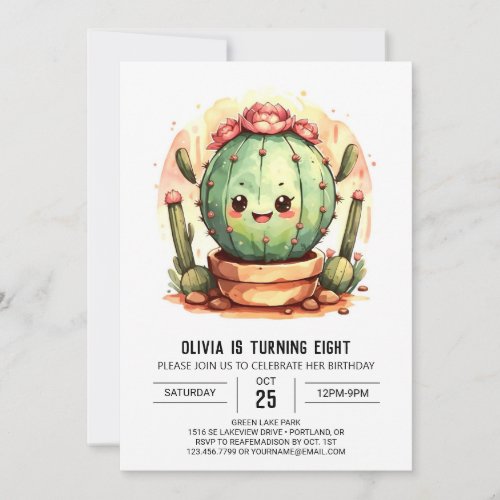 Elegant Bohemian Watercolor Cactus Girl Birthday Invitation