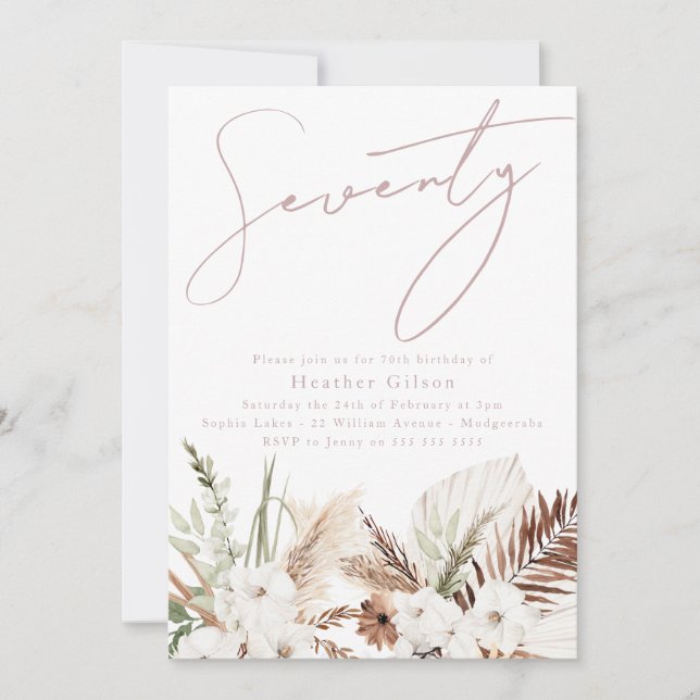 Elegant Bohemian White Floral 70th Birthday Party Invitation (Front)