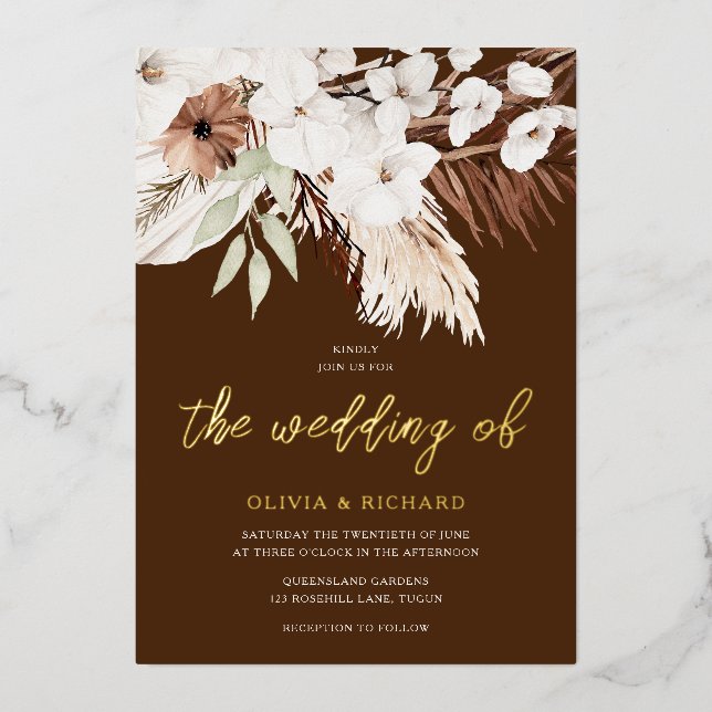 Elegant Bohemian White Floral Gold Wedding Foil Invitation (Front)