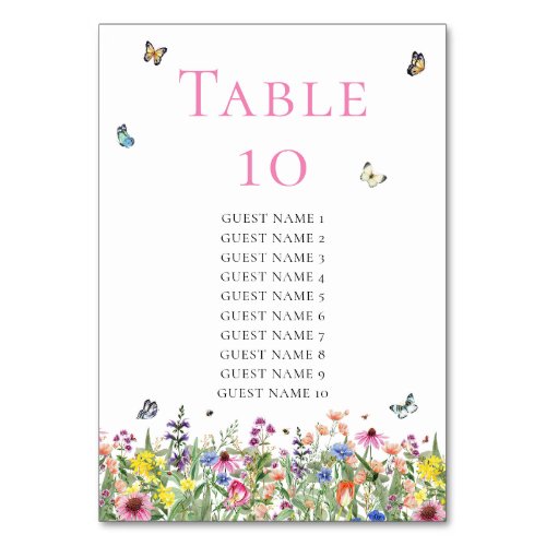 Elegant Bohemian Wildflowers Wedding Guest Names Table Number