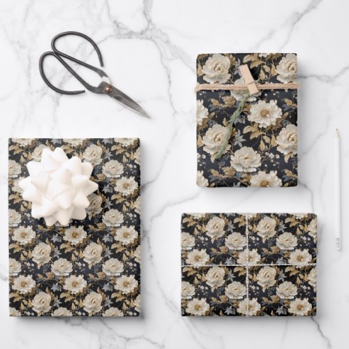 Elegant boho 3d roses peonies neutral earthy navy wrapping paper sheets