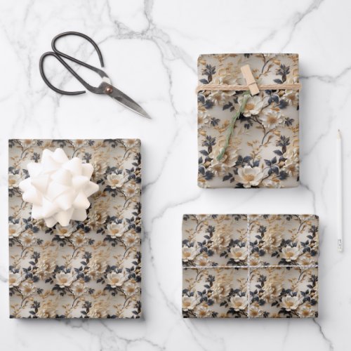 Elegant boho 3d roses peonies neutral earthy tones wrapping paper sheets