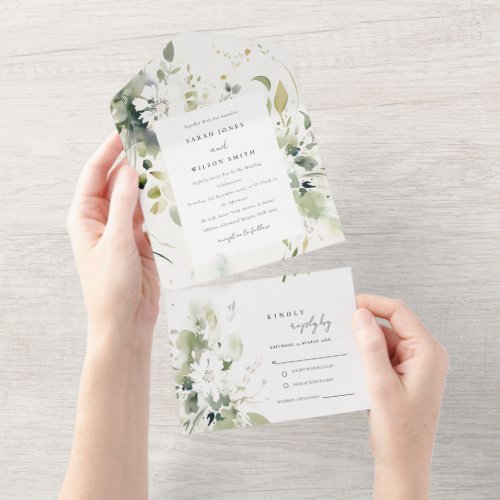 Elegant Boho Abstract Green White Floral Wedding All In One Invitation