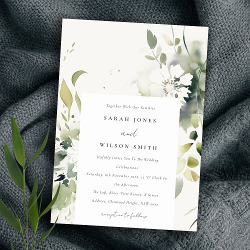 Elegant Boho Abstract Green White Floral Wedding Invitation