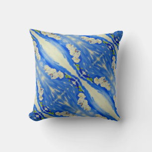 Elegant boho abstract white blue floral  throw pillow