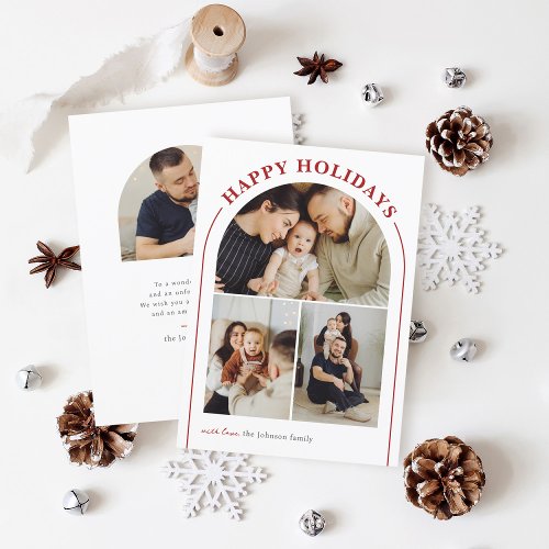 Elegant Boho Arch 3 Photo Collage Happy Holidays Holiday Card