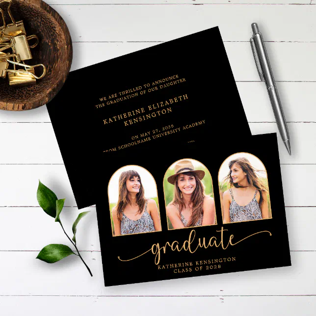 Elegant Boho Arch Black Gold 3 Photo Graduation Invitation | Zazzle