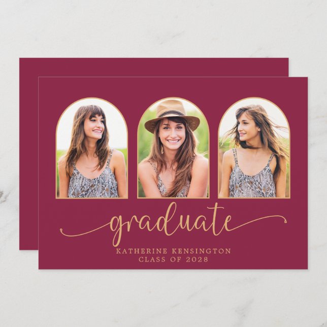 Elegant Boho Arch Burgundy Gold 3 Photo Graduation Invitation (Front/Back)