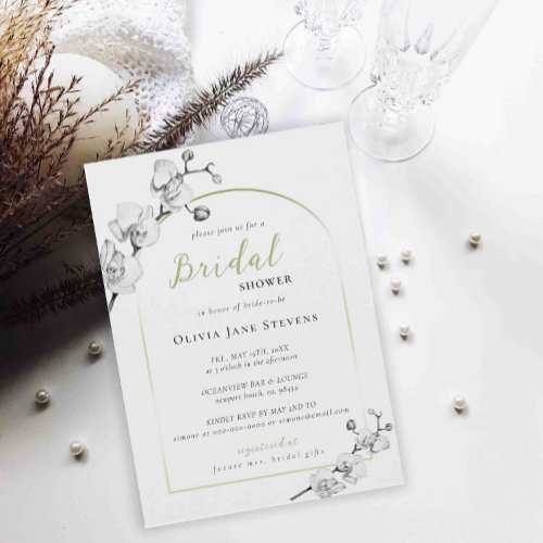 Elegant Boho Arch BW Gold Orchids Bridal Shower Invitation