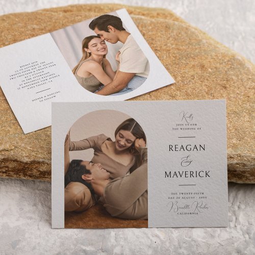 Elegant Boho Arch Classic Typography Photo Wedding Invitation