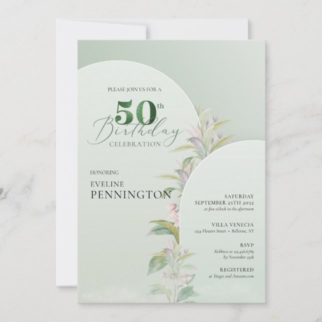 Elegant boho arch dusty green blush floral invitation (Front)