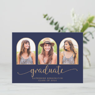 Elegant Boho Arch Navy Blue Gold 3 Photo Invitation