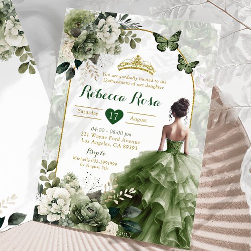 Elegant Boho Arch Sage Green Princess Quinceaera Invitation
