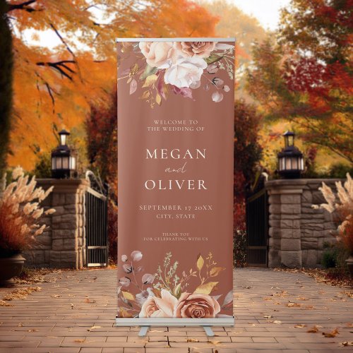 Elegant Boho Autumn Floral Wedding Welcome Retractable Banner