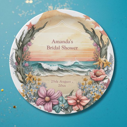 Elegant Boho Beach Flower Wreath Monogram Wedding Paper Plates
