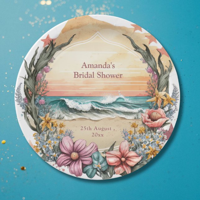 Elegant Boho Beach Flower Wreath Monogram Wedding Paper Plates (Creator Uploaded)