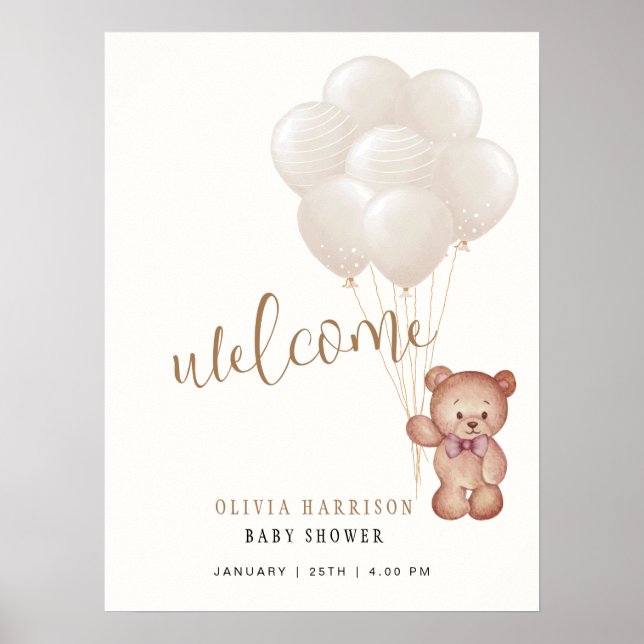 Elegant Boho Bear Balloon Baby Shower Welcome Sign (Front)