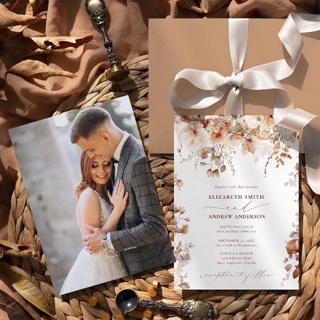 Elegant Boho Beige Floral Photo Wedding  Invitation (Creator Uploaded)