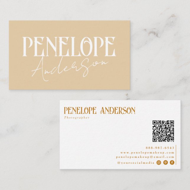 Elegant Boho Beige Neutral QR Code Minimal Modern  Business Card (Front/Back)